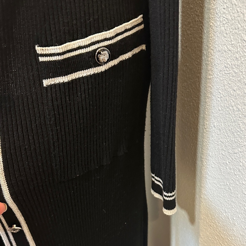 WHBM Black Long Open Cardigan with White and Silver Metallic Trim - Picture 5 of 7